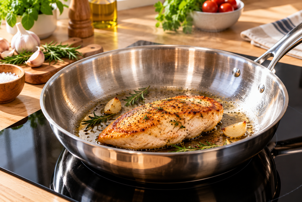 Sartén de acero inoxidable con una pechuga de pollo dorándose