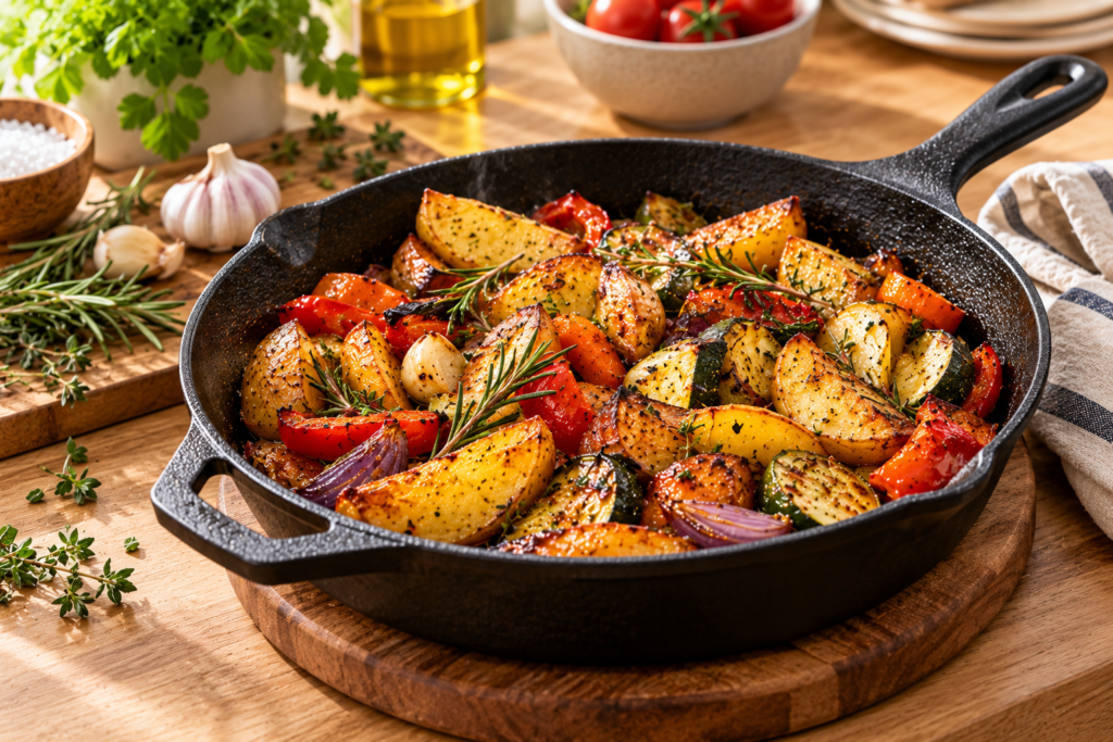 Sartén de hierro fundido con patatas y verduras asadas