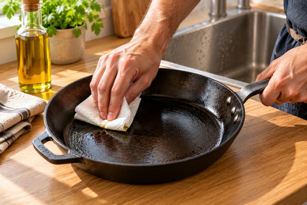 Manos aceitando una sartén de hierro con papel de cocina