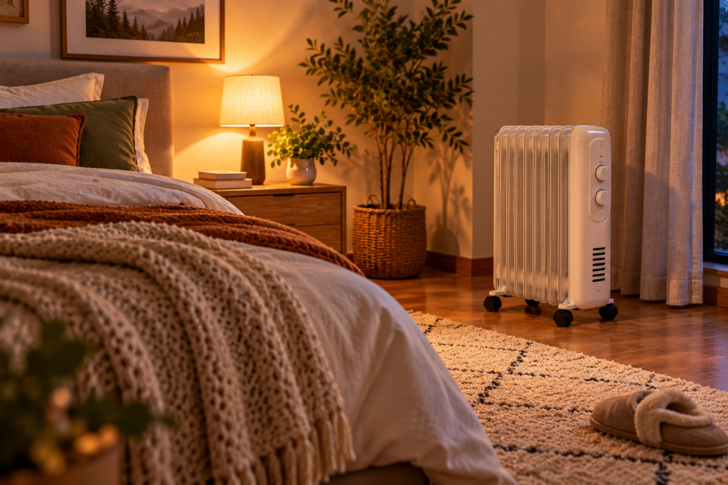 Dormitorio de noche con un radiador de aceite blanco