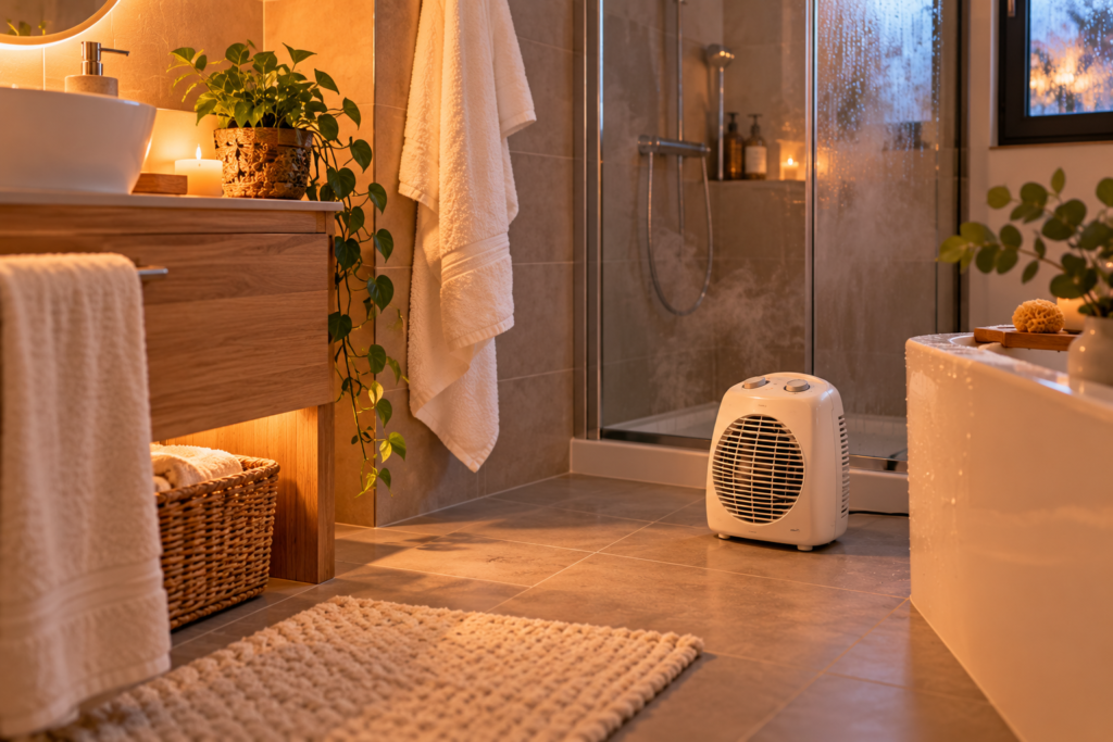 Baño con un pequeño termoventilador blanco en el suelo