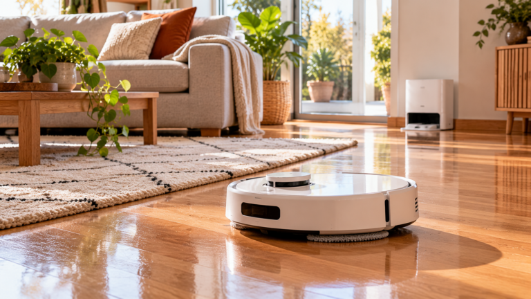 Robot friegasuelos fregando el suelo de madera de un salón