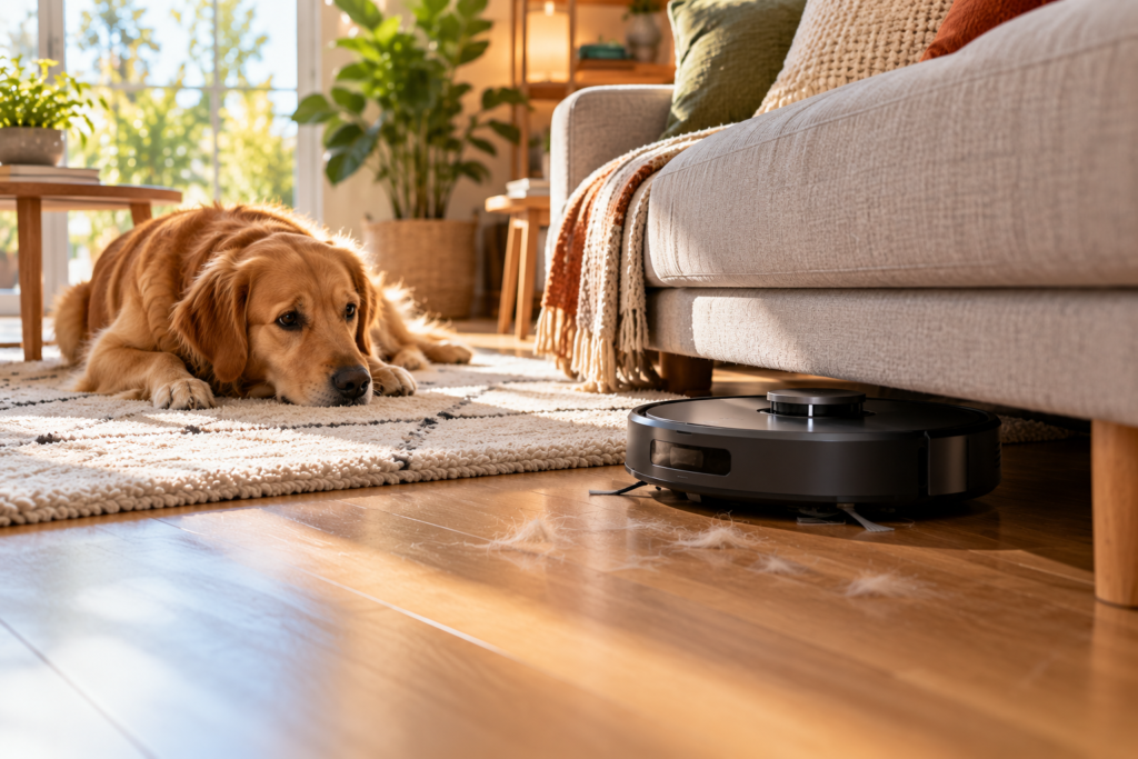 Robot aspirador negro saliendo de debajo del sofá junto a un perro