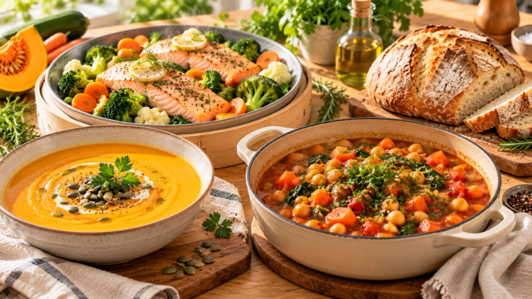Crema de calabaza, guiso de garbanzos, salmón al vapor y pan casero sobre una mesa de madera