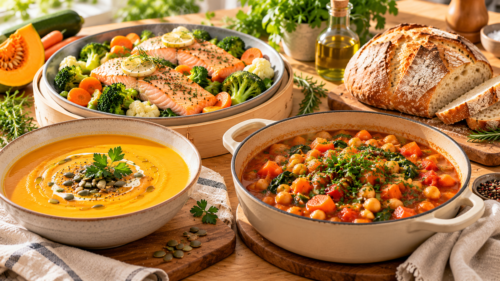 Crema de calabaza, guiso de garbanzos, salmón al vapor y pan casero sobre una mesa de madera