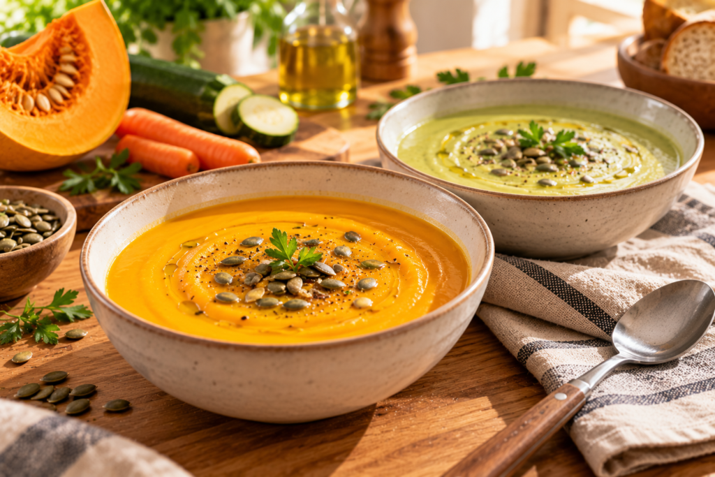 Dos cuencos de crema de calabaza y de calabacín