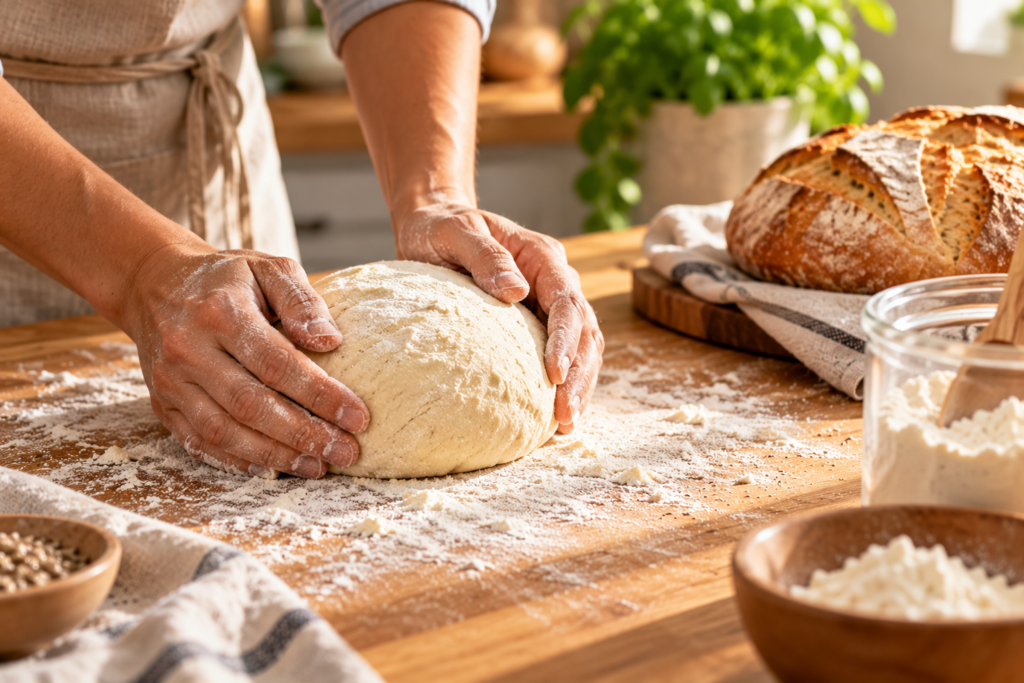 Manos amasando una bola de masa de pan