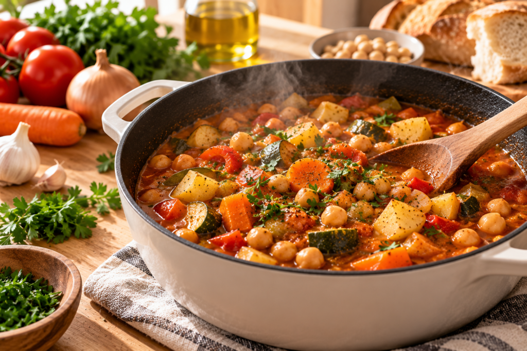 Cazuela de guiso de garbanzos y verduras recién hecho