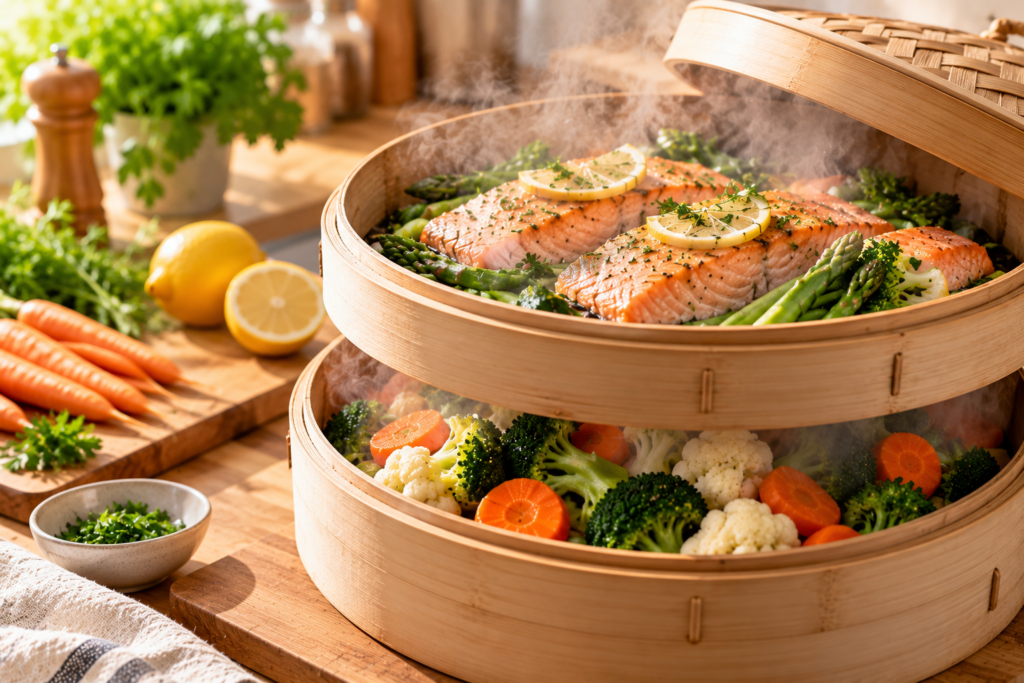 Salmón y verduras cocinados al vapor en dos bandejas
