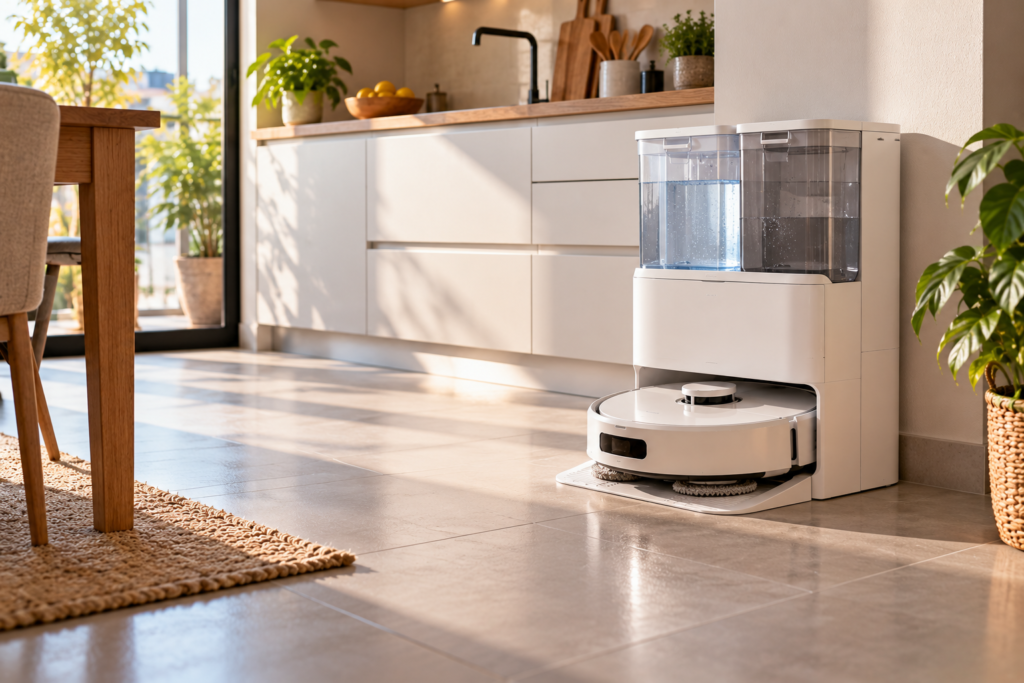 Robot friegasuelos en una base todo en uno con depósitos de agua en la cocina